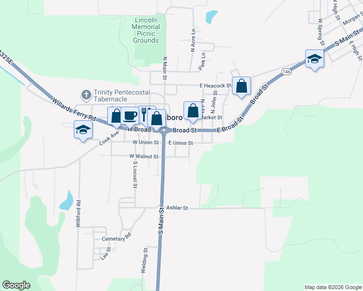 map of restaurants, bars, coffee shops, grocery stores, and more near 224 East Union Street in Jonesboro