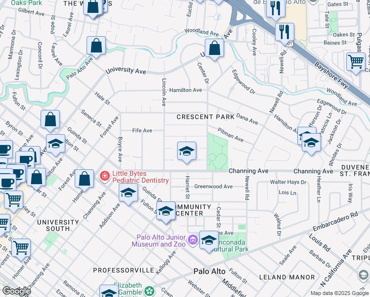 map of restaurants, bars, coffee shops, grocery stores, and more near 80 Kirby Place in Palo Alto