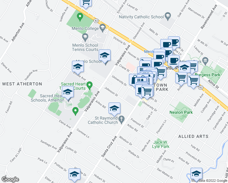 map of restaurants, bars, coffee shops, grocery stores, and more near 1330 Johnson Street in Menlo Park