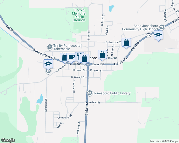 map of restaurants, bars, coffee shops, grocery stores, and more near 100 East Union Street in Jonesboro