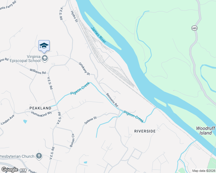 map of restaurants, bars, coffee shops, grocery stores, and more near 600 Reusens Road in Lynchburg