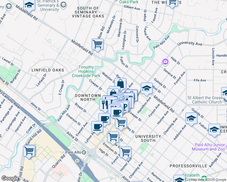 map of restaurants, bars, coffee shops, grocery stores, and more near 536 Everett Avenue in Palo Alto