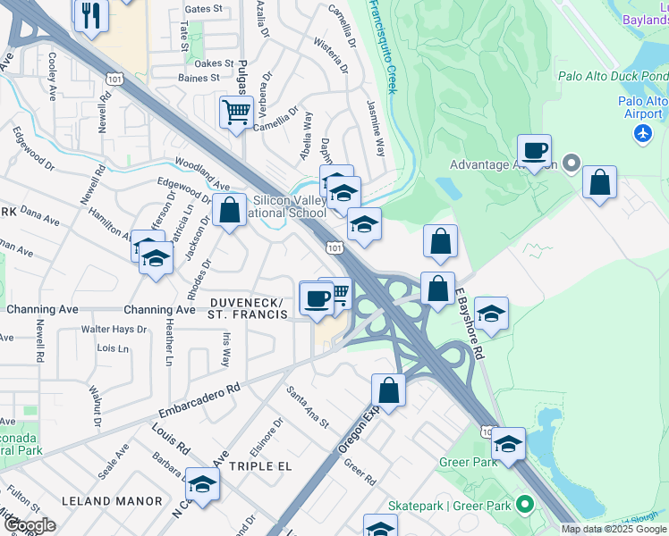 map of restaurants, bars, coffee shops, grocery stores, and more near 2073 Edgewood Drive in Palo Alto