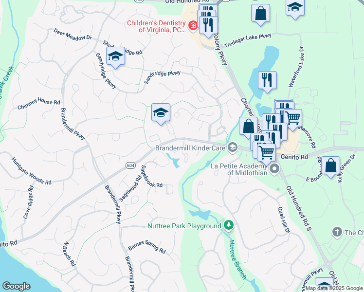 map of restaurants, bars, coffee shops, grocery stores, and more near 2886 Woodbridge Crossing Court in Midlothian