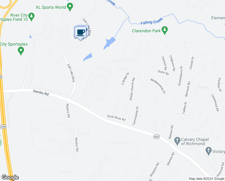 map of restaurants, bars, coffee shops, grocery stores, and more near 3000 South Ridge Drive in Midlothian