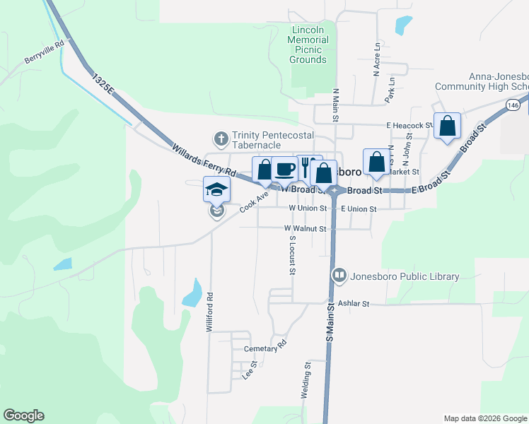 map of restaurants, bars, coffee shops, grocery stores, and more near 502 West Union Street in Jonesboro