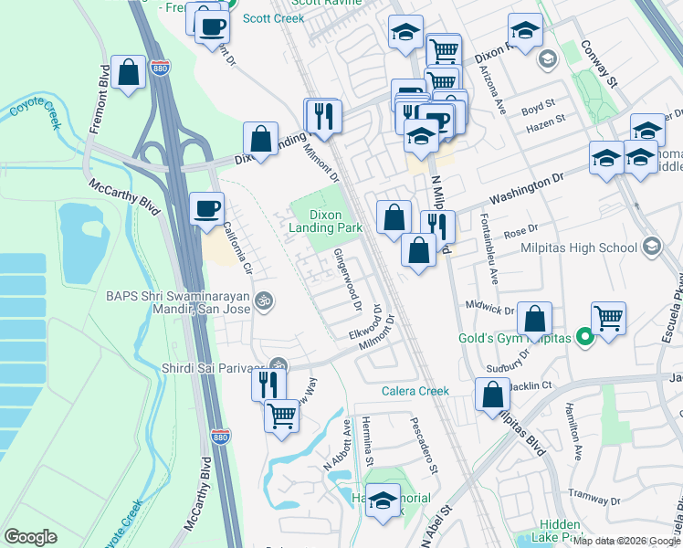 map of restaurants, bars, coffee shops, grocery stores, and more near 1441 Gingerwood Drive in Milpitas