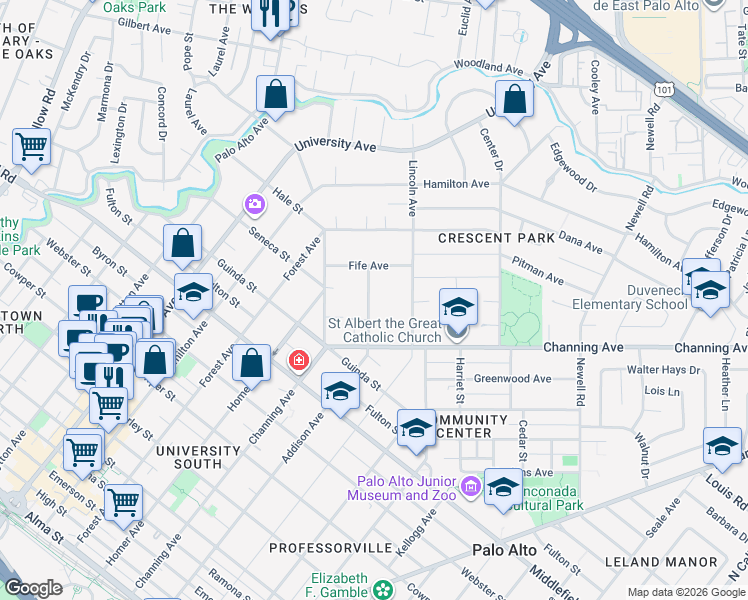 map of restaurants, bars, coffee shops, grocery stores, and more near 958 Addison Avenue in Palo Alto