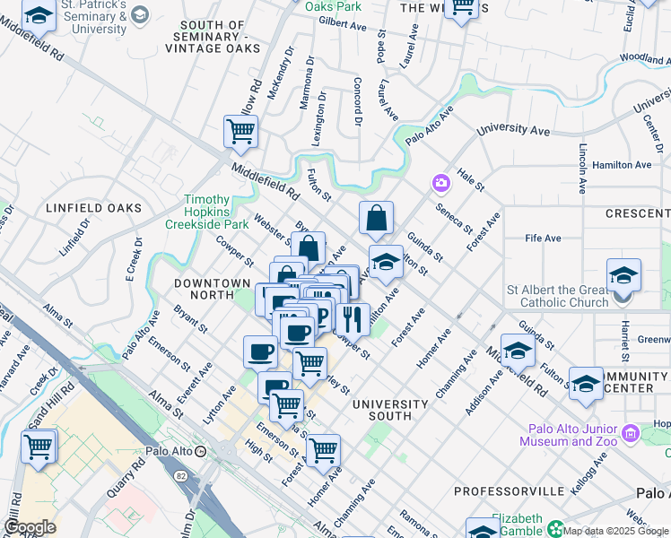 map of restaurants, bars, coffee shops, grocery stores, and more near 630 Lytton Avenue in Palo Alto