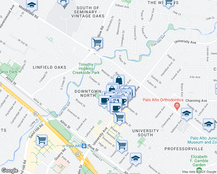 map of restaurants, bars, coffee shops, grocery stores, and more near 521 Everett Avenue in Palo Alto