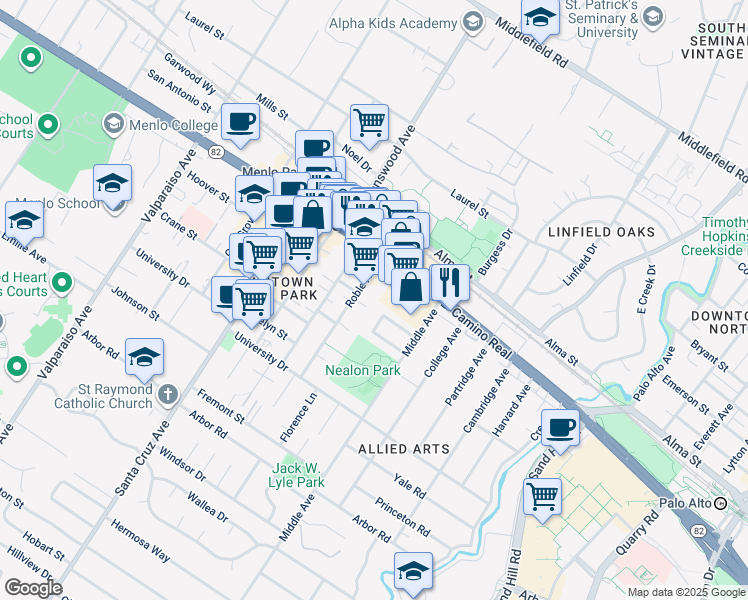 map of restaurants, bars, coffee shops, grocery stores, and more near 685 Roble Avenue in Menlo Park