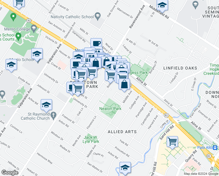 map of restaurants, bars, coffee shops, grocery stores, and more near 803 Curtis Street in Menlo Park