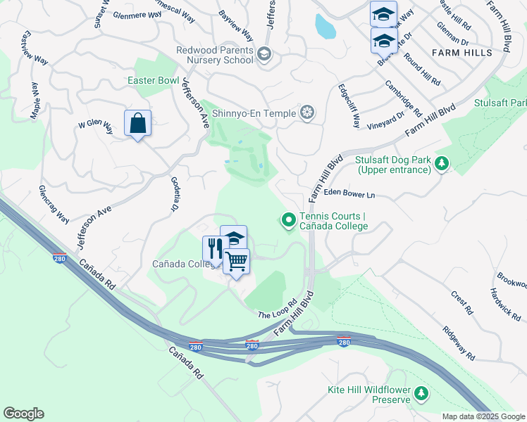 map of restaurants, bars, coffee shops, grocery stores, and more near 4020 Farm Hill Boulevard in Redwood City