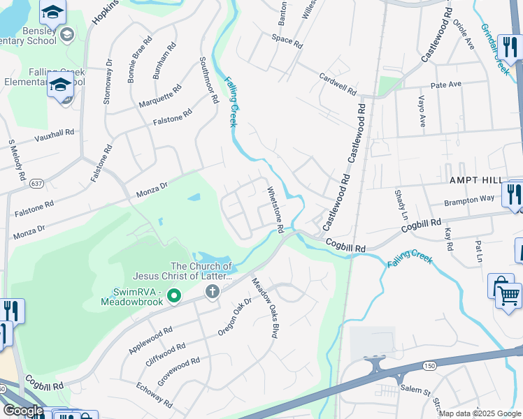 map of restaurants, bars, coffee shops, grocery stores, and more near 5507 Grist Mill Drive in Richmond