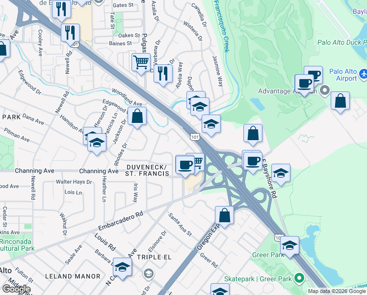 map of restaurants, bars, coffee shops, grocery stores, and more near 2004 Edgewood Drive in Palo Alto