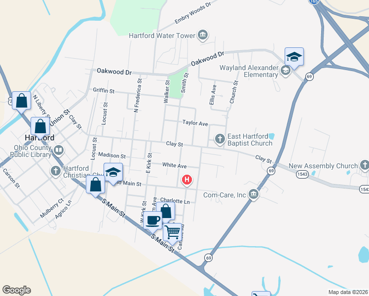 map of restaurants, bars, coffee shops, grocery stores, and more near 1118 Clay Street in Hartford