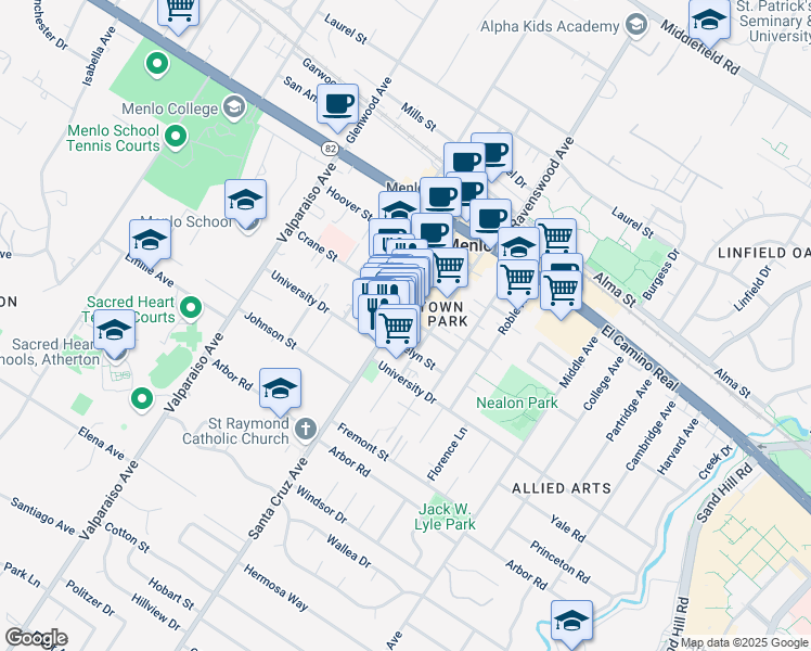 map of restaurants, bars, coffee shops, grocery stores, and more near 860 Santa Cruz Avenue in Menlo Park