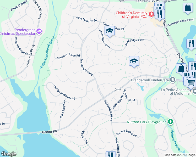 map of restaurants, bars, coffee shops, grocery stores, and more near 2704 Walnut Creek Court in Midlothian