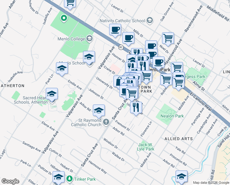 map of restaurants, bars, coffee shops, grocery stores, and more near 1201 University Drive in Menlo Park