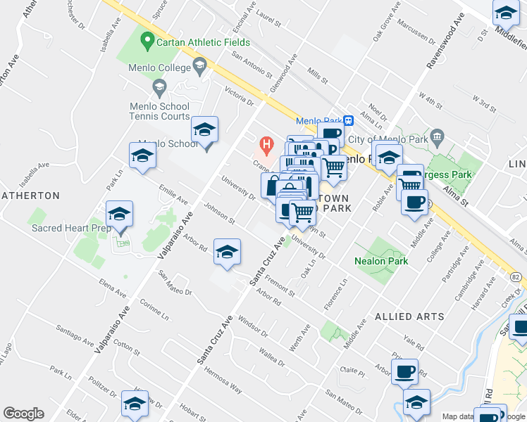 map of restaurants, bars, coffee shops, grocery stores, and more near 1201 University Drive in Menlo Park