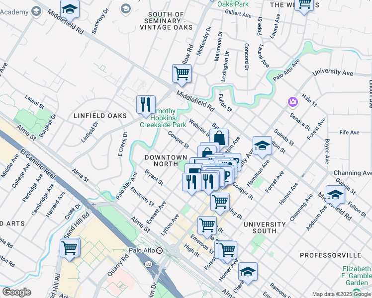 map of restaurants, bars, coffee shops, grocery stores, and more near 204 Cowper Street in Palo Alto