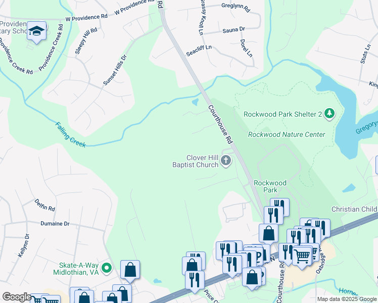 map of restaurants, bars, coffee shops, grocery stores, and more near 3002 Courthouse Road in Richmond