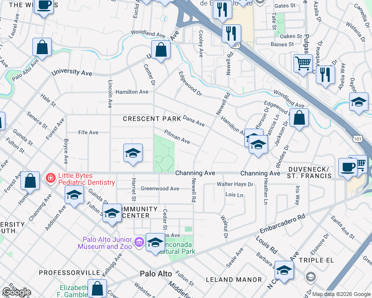 map of restaurants, bars, coffee shops, grocery stores, and more near 1451 Arcadia Place in Palo Alto