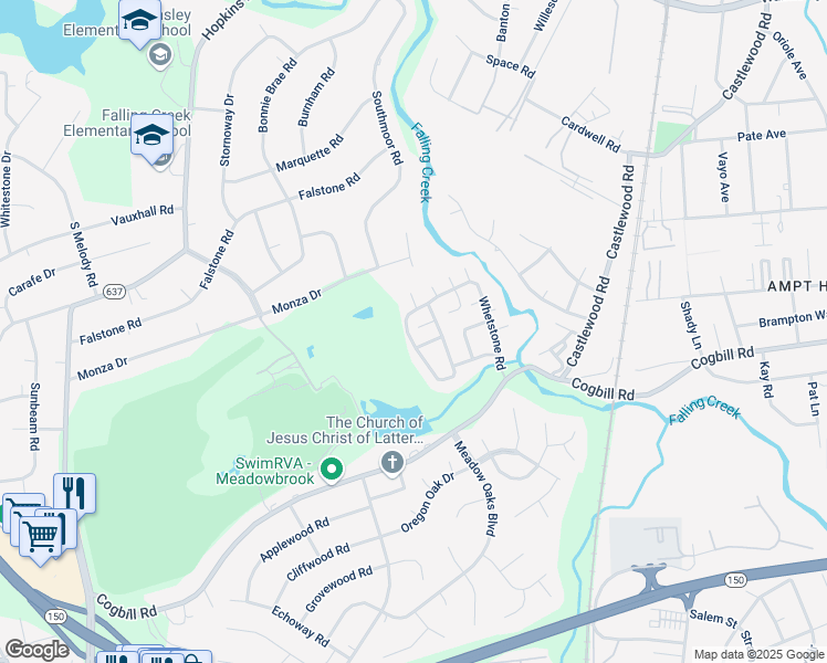 map of restaurants, bars, coffee shops, grocery stores, and more near 5104 Whetstone Road in Richmond