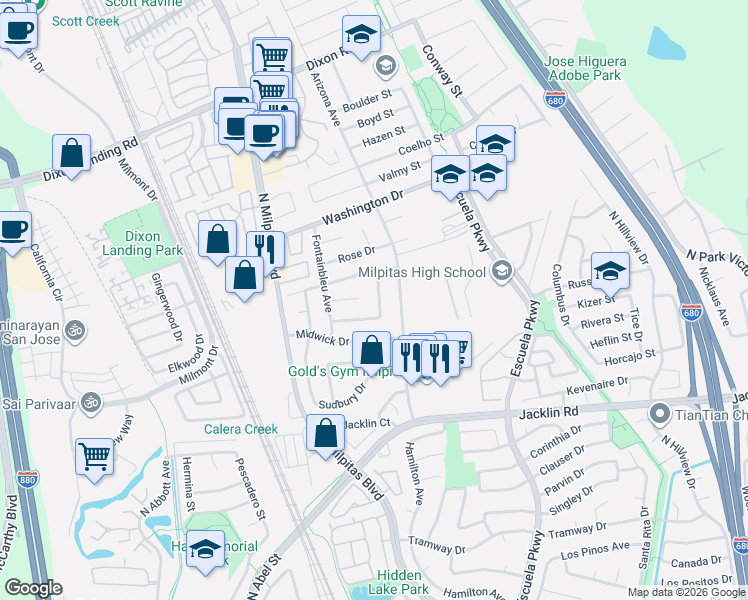 map of restaurants, bars, coffee shops, grocery stores, and more near 182 Fontainbleu Court in Milpitas