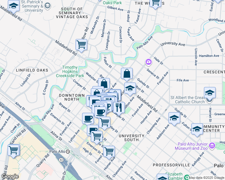 map of restaurants, bars, coffee shops, grocery stores, and more near 401 Webster Street in Palo Alto