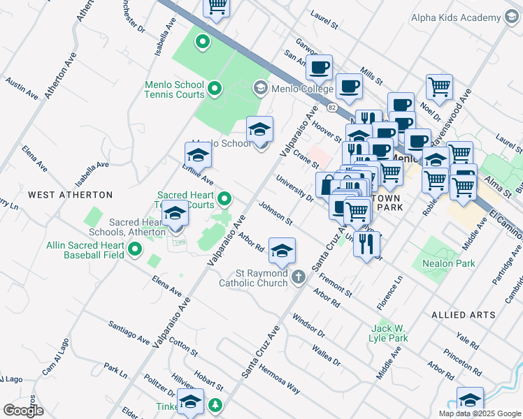 map of restaurants, bars, coffee shops, grocery stores, and more near 1357 Johnson Street in Menlo Park