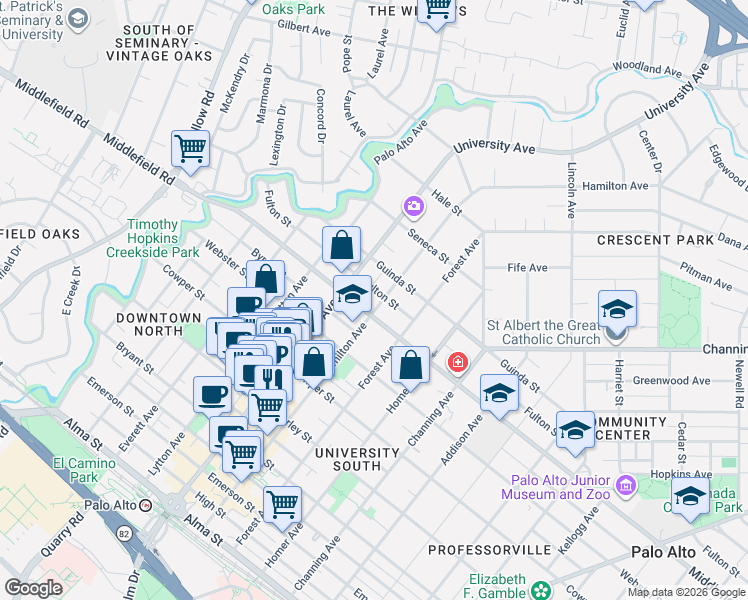 map of restaurants, bars, coffee shops, grocery stores, and more near 723 Hamilton Avenue in Palo Alto