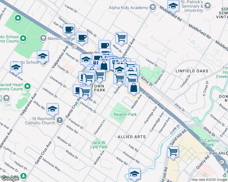 map of restaurants, bars, coffee shops, grocery stores, and more near 801 Curtis Street in Menlo Park