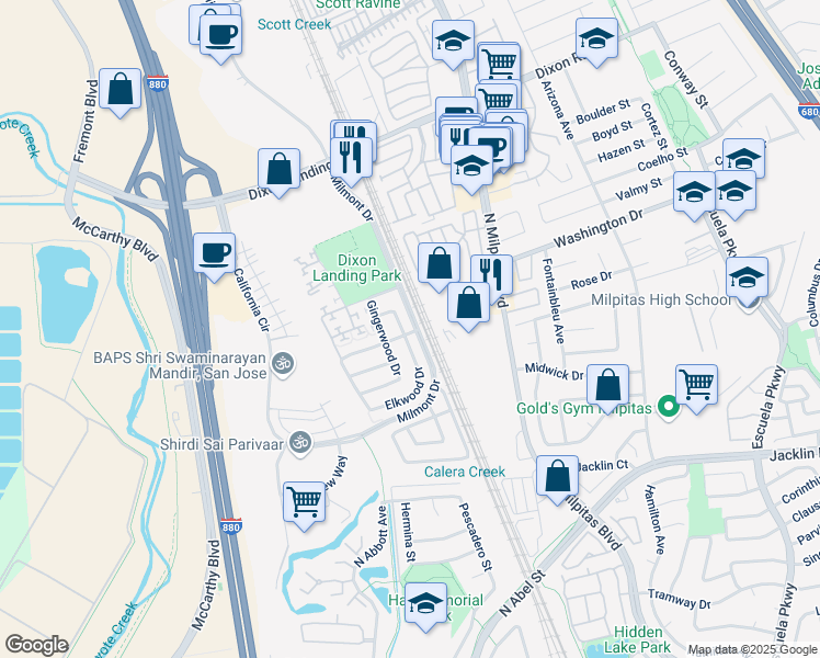map of restaurants, bars, coffee shops, grocery stores, and more near 200 Pacifica Way in Milpitas