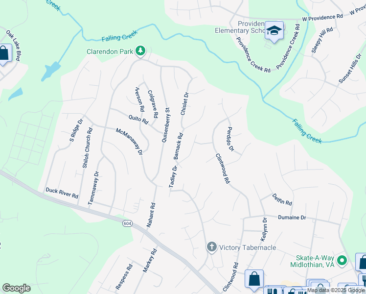 map of restaurants, bars, coffee shops, grocery stores, and more near 3133 Barnack Road in Midlothian