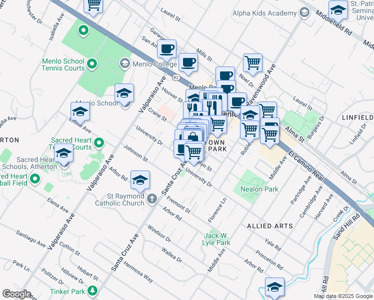 map of restaurants, bars, coffee shops, grocery stores, and more near 860 Santa Cruz Avenue in Menlo Park