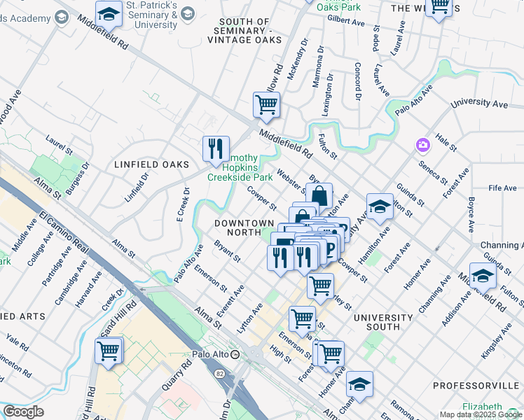 map of restaurants, bars, coffee shops, grocery stores, and more near 204 Cowper Street in Palo Alto
