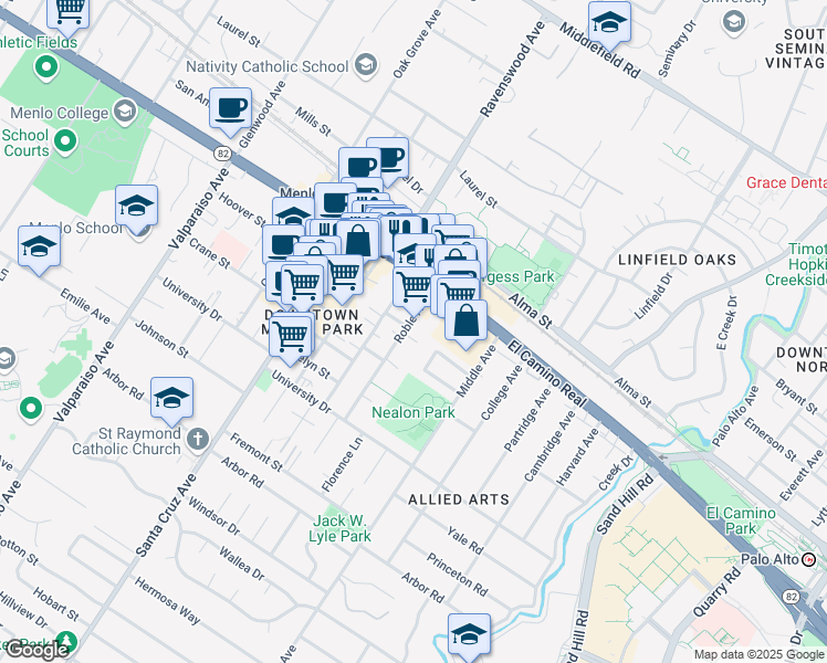 map of restaurants, bars, coffee shops, grocery stores, and more near 803 Curtis Street in Menlo Park