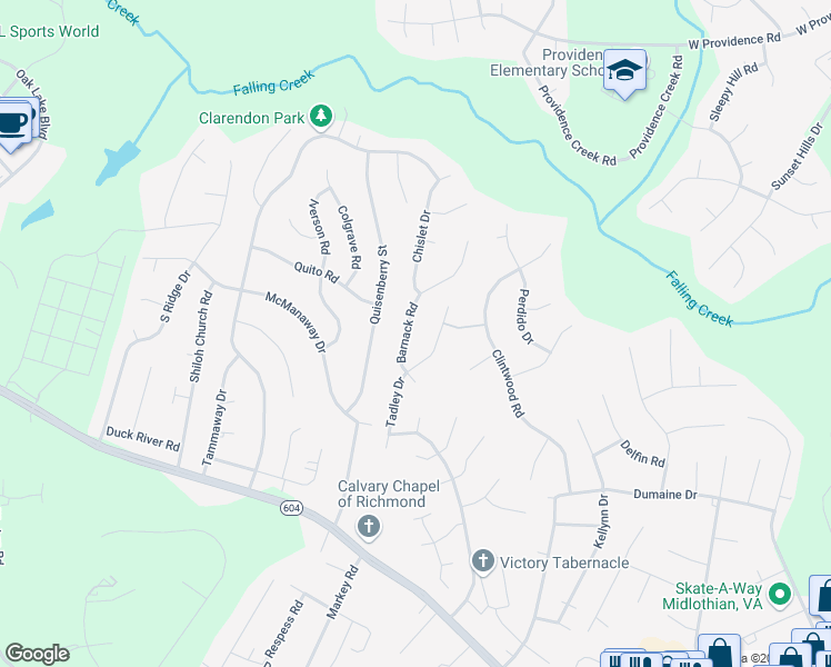 map of restaurants, bars, coffee shops, grocery stores, and more near 3133 Barnack Road in Midlothian