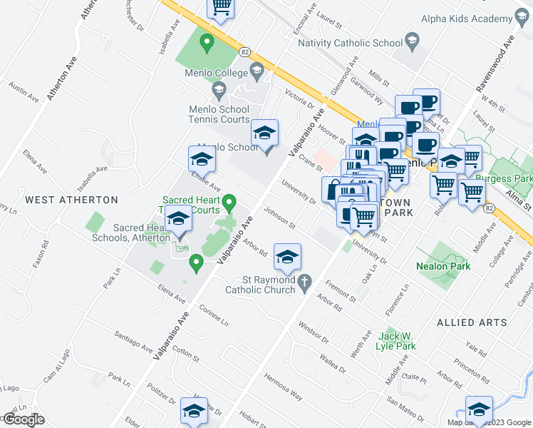 map of restaurants, bars, coffee shops, grocery stores, and more near 1357 Johnson Street in Menlo Park