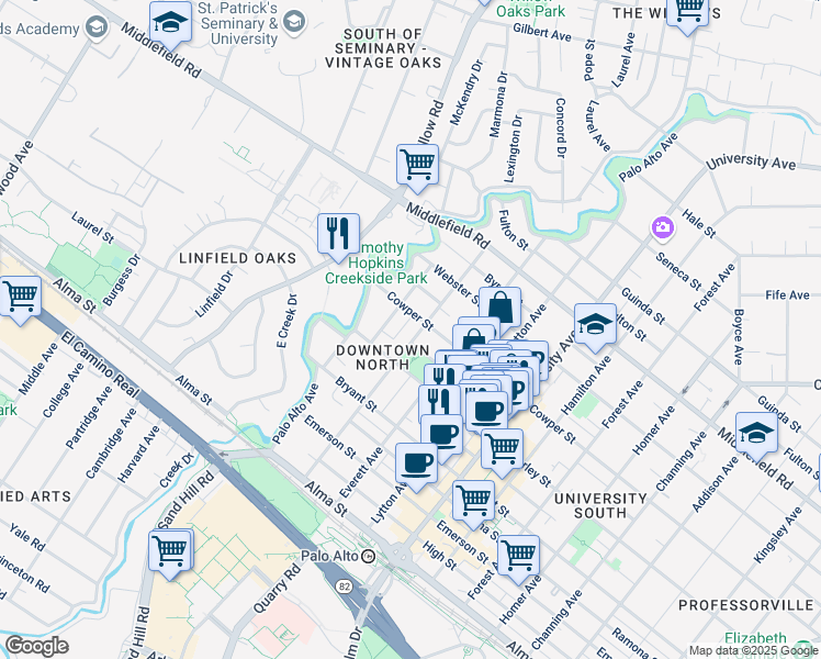 map of restaurants, bars, coffee shops, grocery stores, and more near 204 Cowper Street in Palo Alto