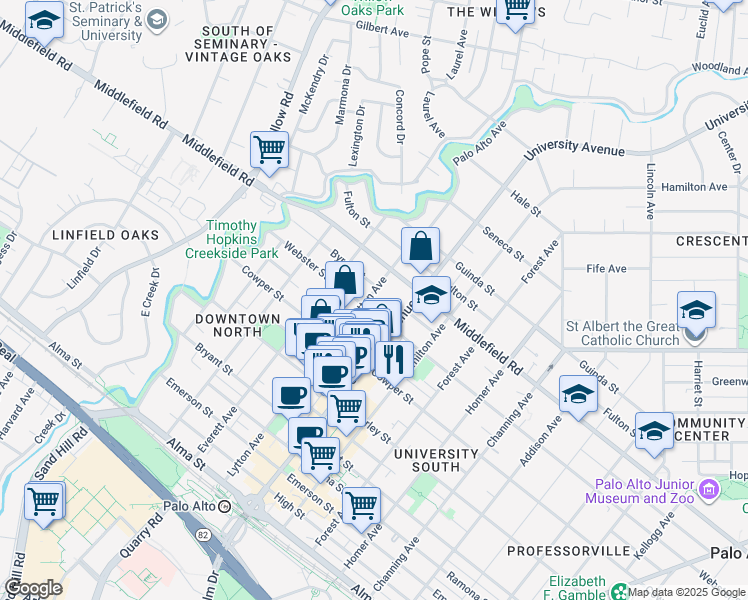 map of restaurants, bars, coffee shops, grocery stores, and more near 401 Webster Street in Palo Alto