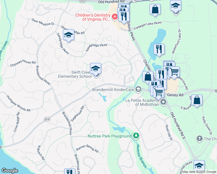 map of restaurants, bars, coffee shops, grocery stores, and more near 2886 Woodbridge Crossing Court in Midlothian