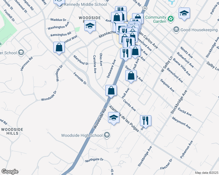 map of restaurants, bars, coffee shops, grocery stores, and more near 2 Woodside Road in Redwood City