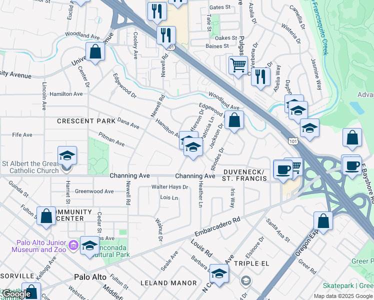 map of restaurants, bars, coffee shops, grocery stores, and more near 690 Alester Avenue in Palo Alto