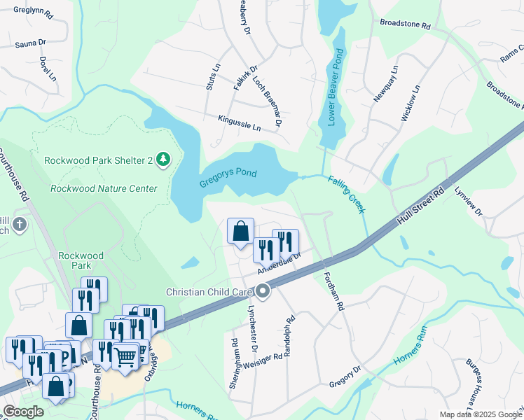 map of restaurants, bars, coffee shops, grocery stores, and more near 3508 Gregory Pond Road in Richmond