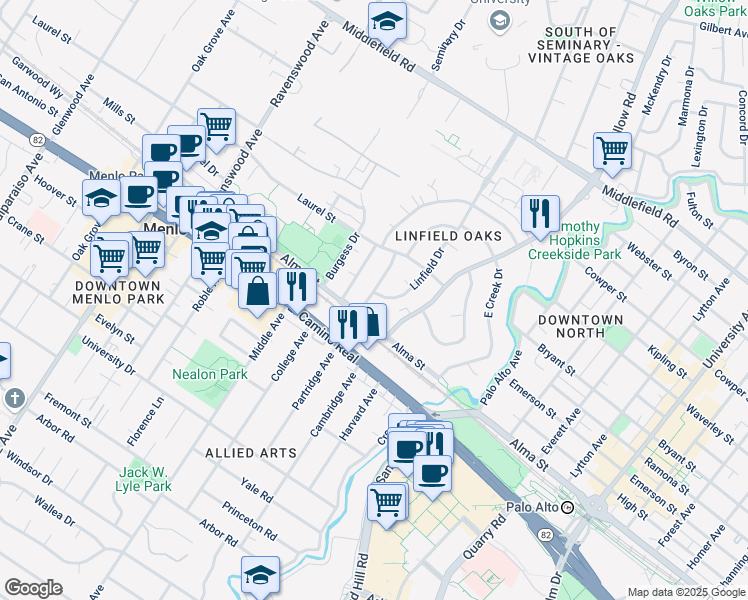 map of restaurants, bars, coffee shops, grocery stores, and more near 471 Sherwood Way in Menlo Park