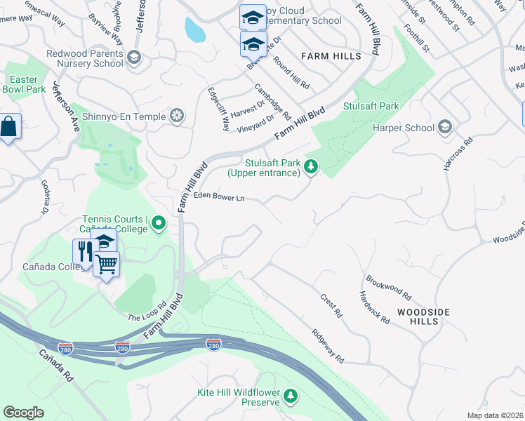 map of restaurants, bars, coffee shops, grocery stores, and more near 1104 Eden Bower Lane in Redwood City