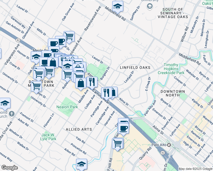 map of restaurants, bars, coffee shops, grocery stores, and more near 495 Waverley Street in Palo Alto