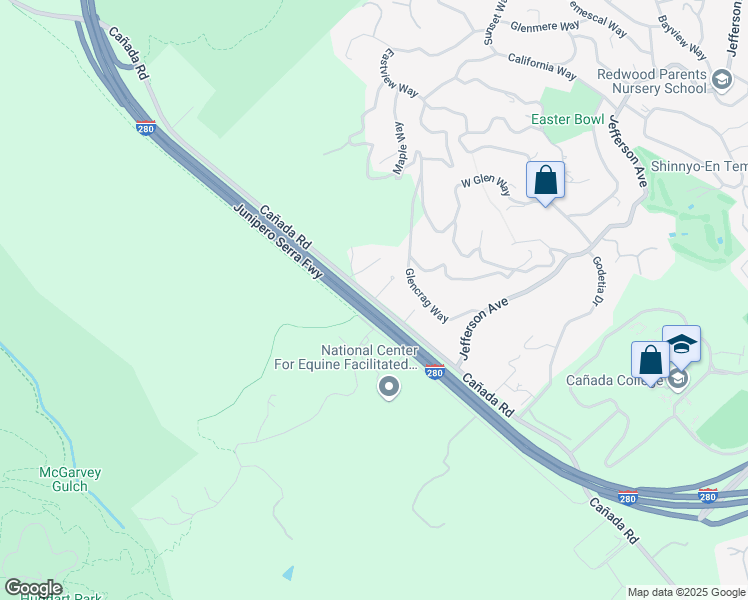 map of restaurants, bars, coffee shops, grocery stores, and more near Cañada Road in Woodside